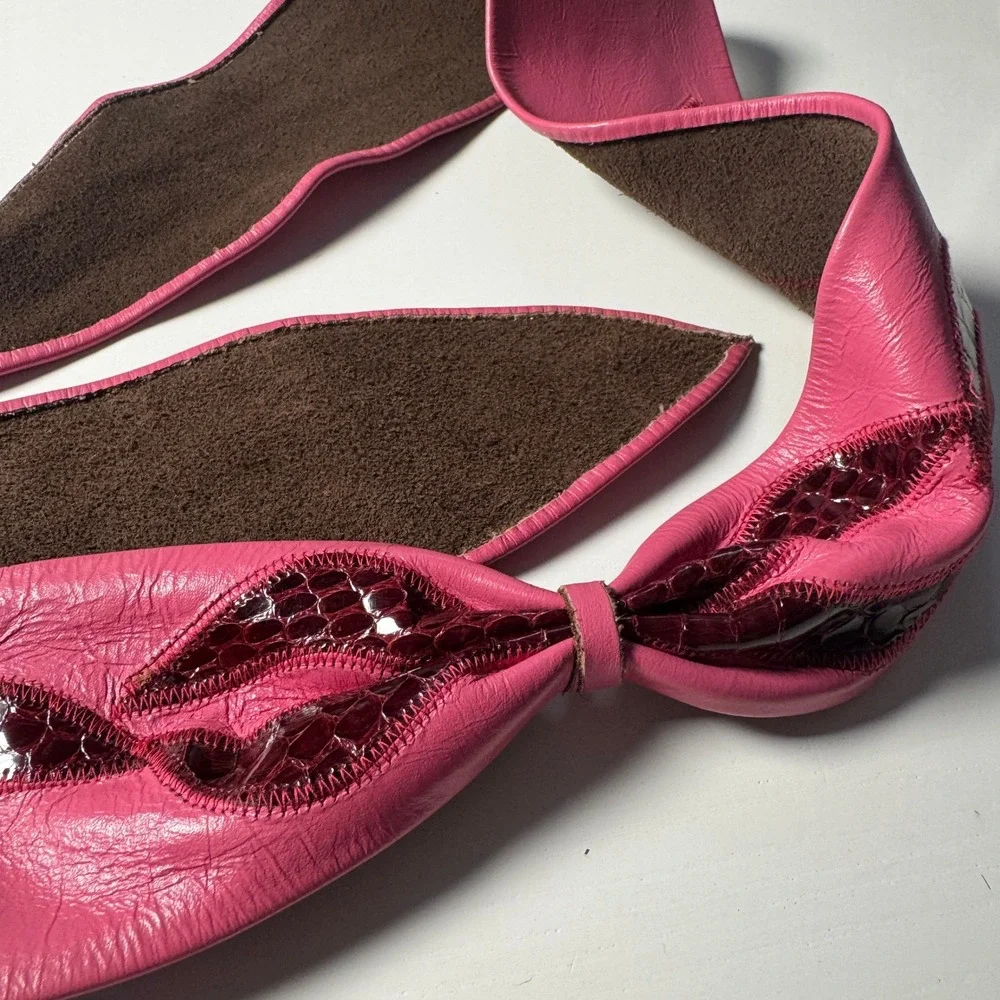 Vtg 80s Pink Leather Wrap Obi Belt Burgundy Snakeskin Embossed Bow Maximalist